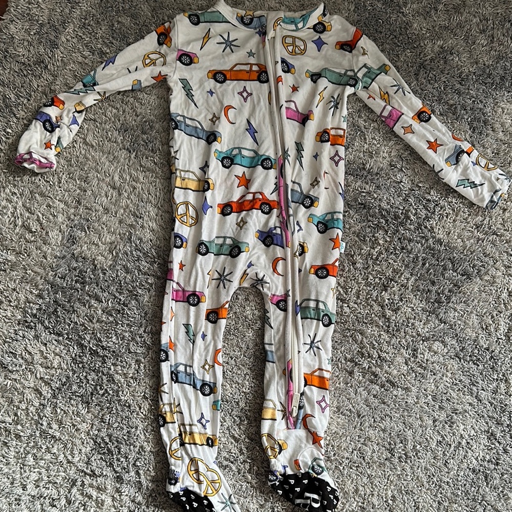 Posh Peanut Double Zipper Footed Car Print Onesie